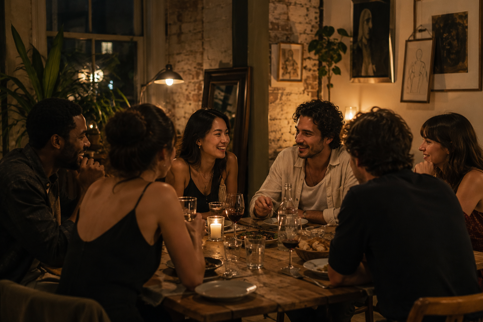 A candlelit dinner table with cocktails, warm conversation, and well-dressed guests